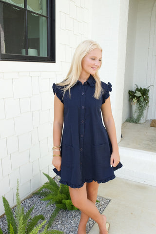 Lina Ruffle Navy Shirt Dress